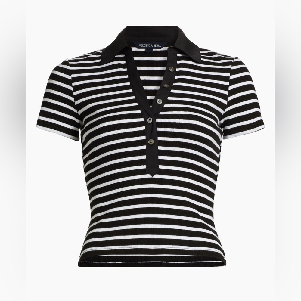 Veronica Beard Black and White Striped Button-Down Polo Top